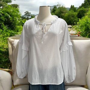 Charlie Holiday White Boho Peasant Blouse 4 Ruffle Tie Neck Cottagecore Festival